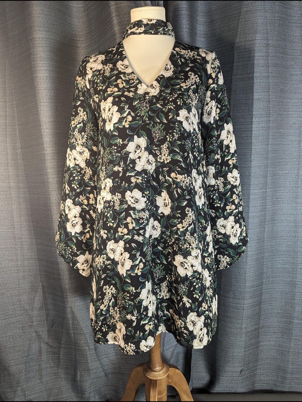 Lush Black Floral Long Sleeve Dress with Cream & Green Print